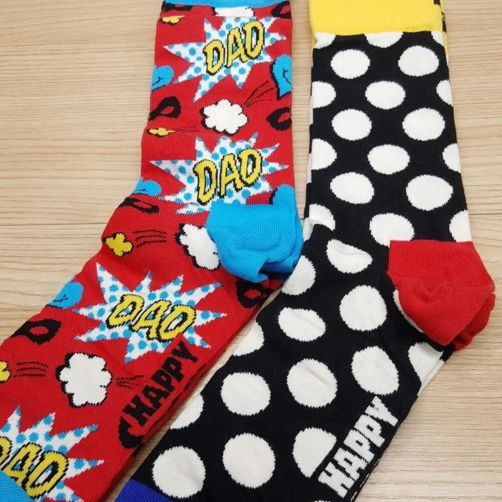 HAPPY SOCKS Crew Socks 2-Pack Red Black Superhero Dad Big Dot Colorful Size 8-12